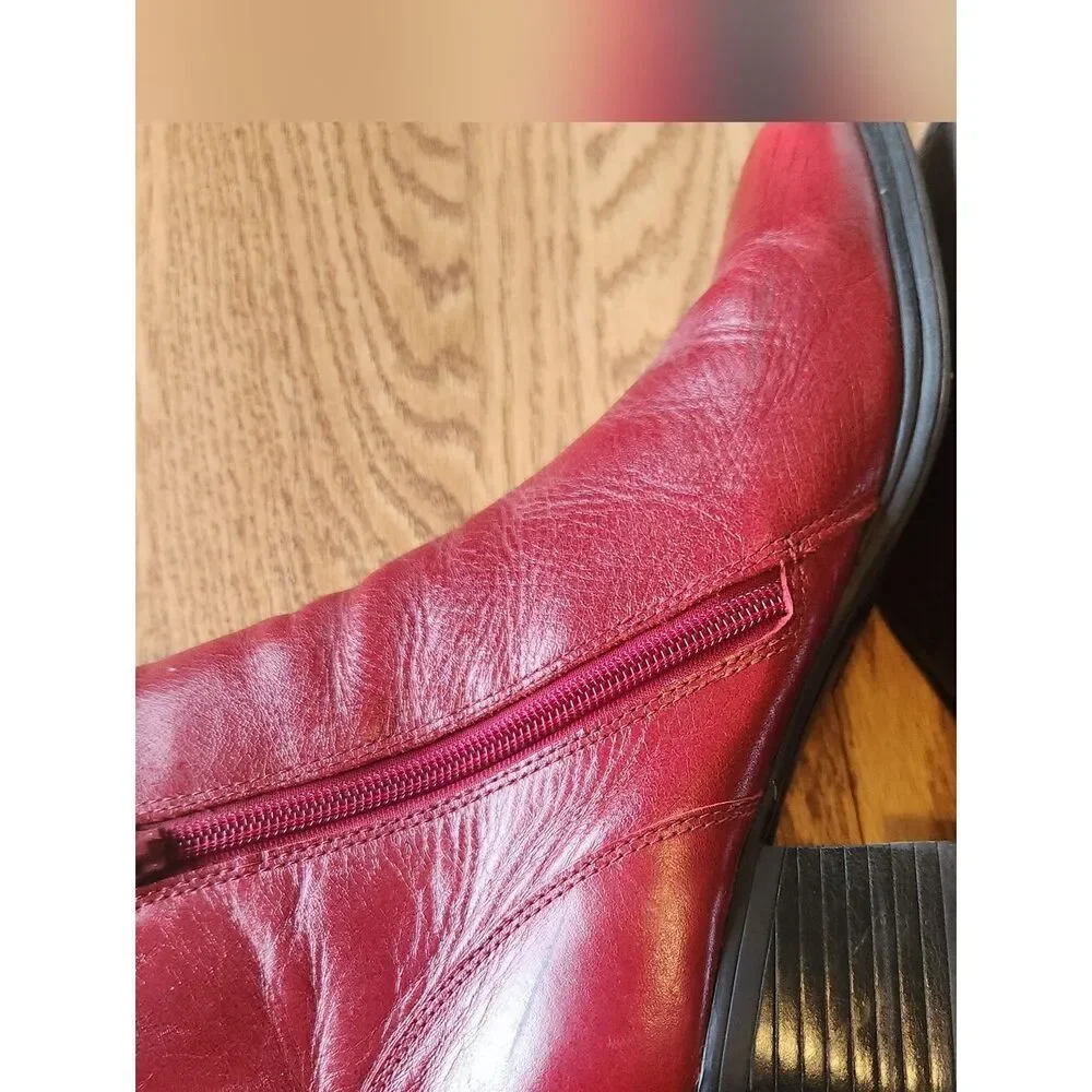 AJ Valenci Women's Red Leather Side-Zip Ankle Boots Round Toe